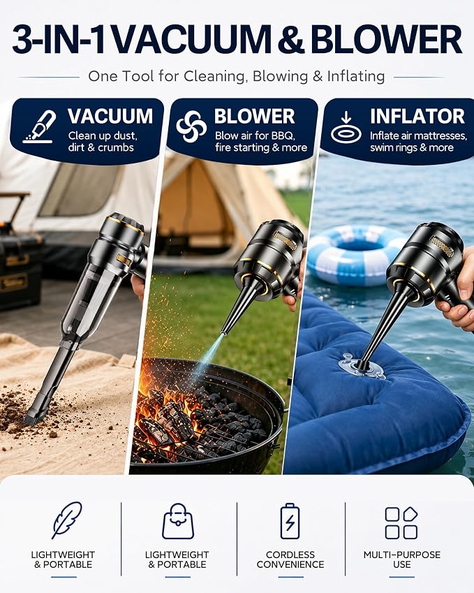 houscly Car Vacuum Portable Cordless 20000PA High Power 4-in-1 Compressed Air Duster & Air Blower & Pump Hand Held Vacuum with Brushless Motor for Car, Home, Office,Camping Ideal Gifts for Men & Women