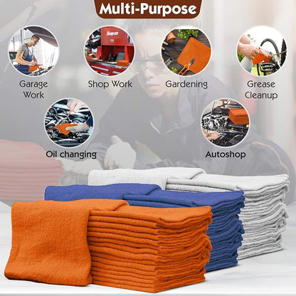 Nabob Wipers Auto Mechanic Shop Towels 25 Pack Bulk Shop Rags 100% Cotton Size 14"x14" Commercial Grade (25 Pack, Orange)