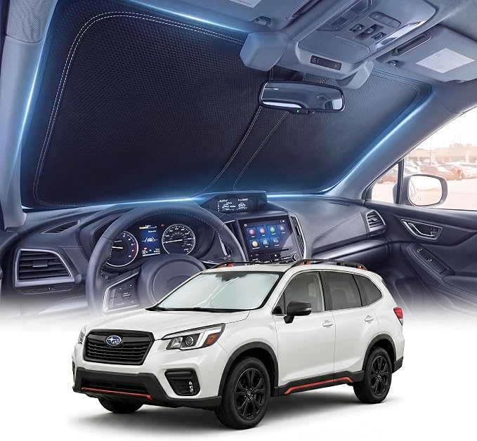 DMJN Front Windshield Sun Shade for Su-baru Forester (2019-2026), [Nano Ice-Crystal Coatings] UPF50+ Heat & UV Block, Protect Car Interior & Keep Cool, Flodable Steel-Ring Car Cover for Summer