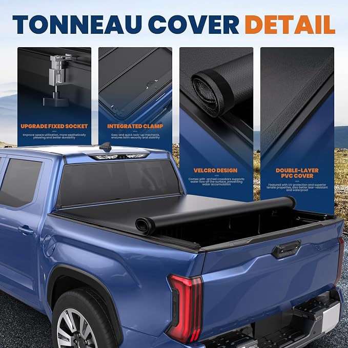KUIPERAUTO 5 FT Roll-Up Soft Vinyl Truck Bed Tonneau Cover Fleetside w/Led Lamp Compatible for 2005-2015 Toyota Tacoma Extra Short On Top