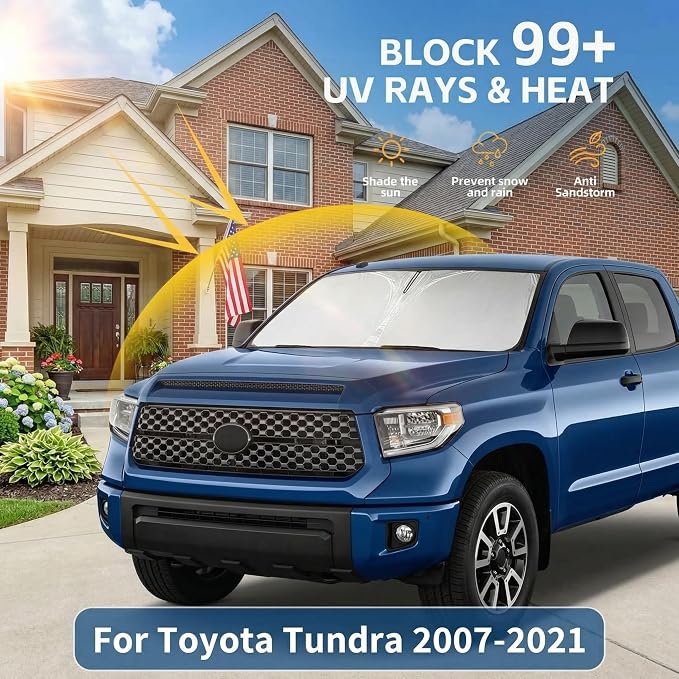 Windshield Sun Shade for Toyota Tundra 2007-2021 Front Window Sunshade Custom Fit Tundra Limited, SR5, Platinum, TRD Pro Sun Visor Foldable Shade Blocks UV Rays Summer Must Have Car Accessories