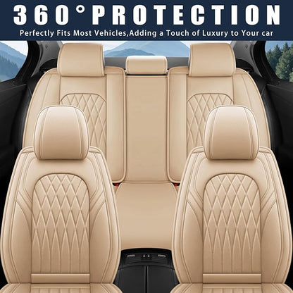 WELLDO Nappa Faux Leather Car Seat Covers Full Set, 5Seats,Beige | Waterproof, Non-Slip Seat Protector, 0.28in Thickened Cushion, Airbag Compatible, Universal for Cars SUV Truck Pickup