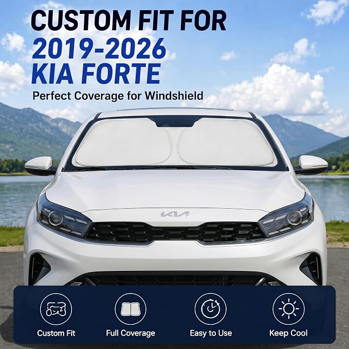 Custom Fit Windshield Sun Shade for Kia Forte 2019-2026 | Custom Fit Windshield Cover, Blocks UV Rays, Double-Layer Heat Shield, Durable Frame, Easy Fold & Storage