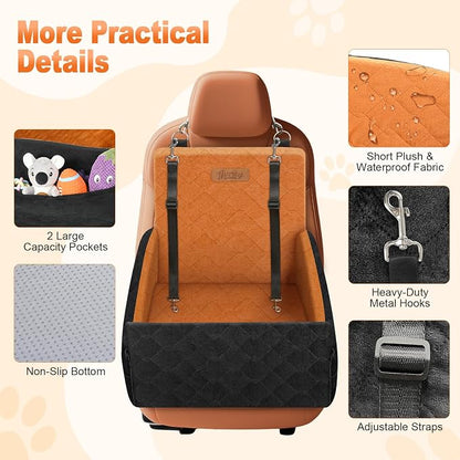 Elevated Dog Car Seat, Dog Booster Car Seats for Small & Medium Breeds Up to 35lbs, Fully Detachable and Washable, Soft Foam Pet Carseat with 2 Storage Pockets & 3 Safety Belts, Black + Brown