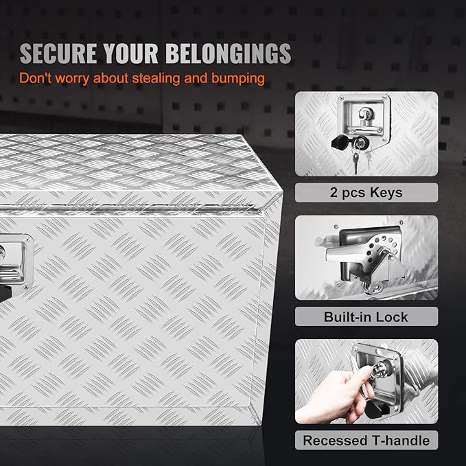 VEVOR Underbody Truck Box, 36"×14"×16" Pickup Storage Box, Heavy Duty Aluminum Diamond Plate Tool Box with Lock and Keys, Waterproof Trailer Storage Box with T-Handle Latch for Truck, Van, Trailer