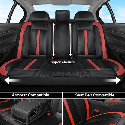 Coverado Leather Car Seat Covers Full Set & Carbon Fiber, Waterproof and Durable All Weather Protector, Universal Fit for SUV, Pickup Truck, Sedan, Automotive Vehicle Interior, Black&Red