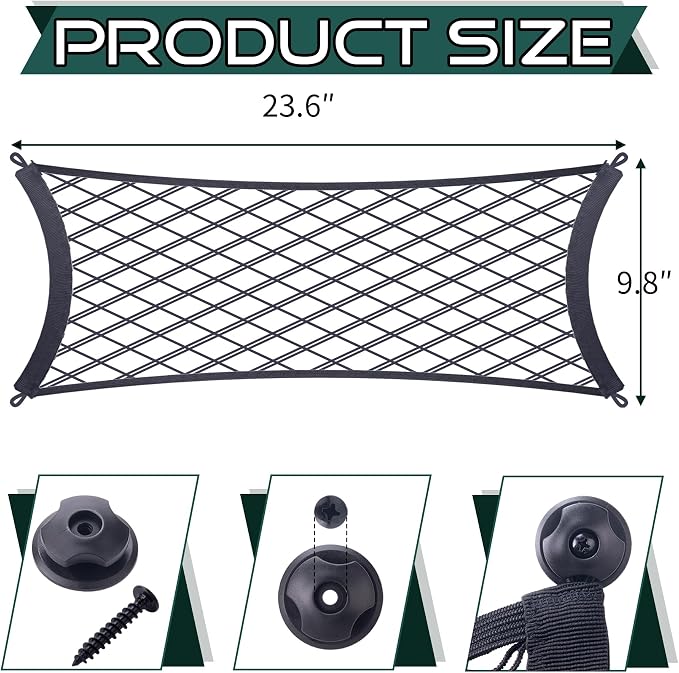 JINGKE 2 Pcs Small Cargo Net Pocket Elastic Mesh Netting Car Mesh Pouch with Screws and Hooks for Trunk RV Boats Home Cargo Storage (23.6'' x 9.8'')