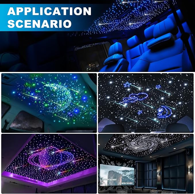 Car Starlight Headliner Kit, 4 Colors 32W Twinkle & Meteor Fiber Optic Ceiling Lights, 2 in 1 Light Engine 1000pcs*0.03in*13.1ft+240 RGBW Shooting Stars Lights for Car Home Roof Décor