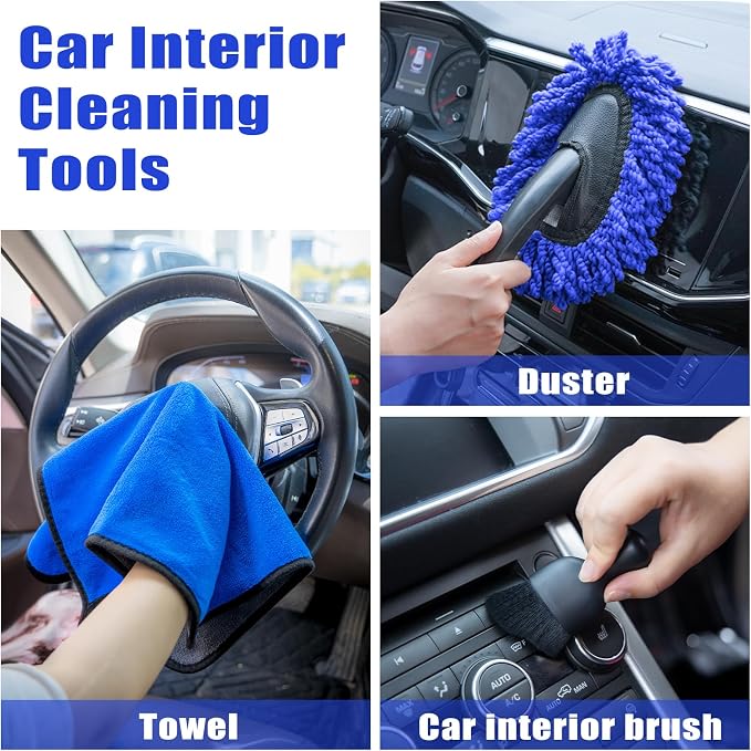 Windshield Cleaner Tool, 17Pcs Car Interior Detailing Kit, Detailing Brush, Towels, Duster, Car Cleaning Kit Interior for RVs, Truck, Trailer (Blue)