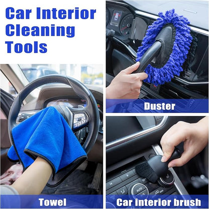 Windshield Cleaner Tool, 17Pcs Car Interior Detailing Kit, Detailing Brush, Towels, Duster, Car Cleaning Kit Interior for RVs, Truck, Trailer (Blue)