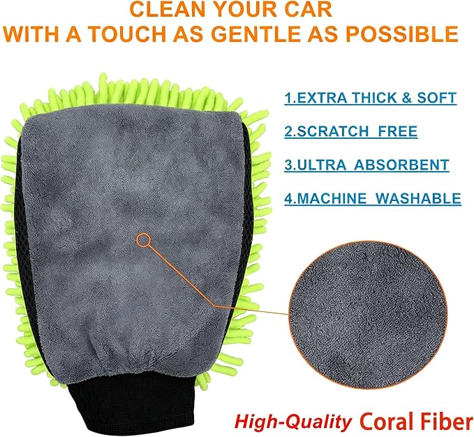 3 PCS Microfiber Car Wash Mitt, Microfiber Chenille Car Wash Sponge Glove for Car Washing and Detailing Scratch-Free, Lint-Free, Foam Gun, and Absorbent, Foam Scrubber, Cleaning Supplies
