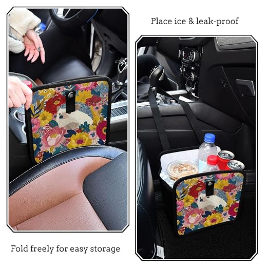 Car Trash Can Organizer Bin with Adjustable Strap for Back Front Seat Console Waterproof Leakproof Collapsible Portable 8.66 Inch Garden Flowers Hedgehogs Colorful