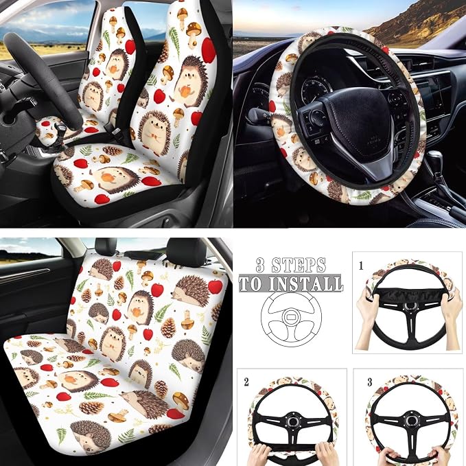 10 Pack Cartoon Hedgehog Car Seat Covers, Forest Mushroom Pinecone Auto Front and Rear Bench Seat Covers, Autumn Harvest Hedgehogs Seatbelt Covers Cup Mats