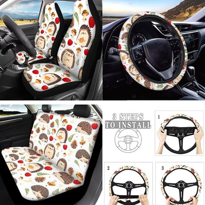 10 Pack Cartoon Hedgehog Car Seat Covers, Forest Mushroom Pinecone Auto Front and Rear Bench Seat Covers, Autumn Harvest Hedgehogs Seatbelt Covers Cup Mats