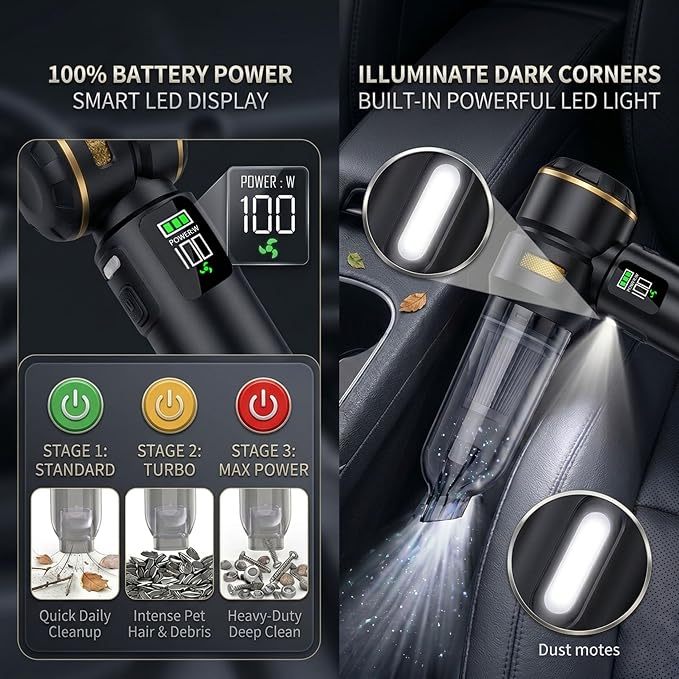 Handheld Car Vacuum Cleaner, 17000Pa High Power Cordless Vacuum Cleaner, 4-in-1 Portable Mini Air Duster, with LED Light and Multi-Nozzles, Vacuum for Car, Home, Office, Pet Hair