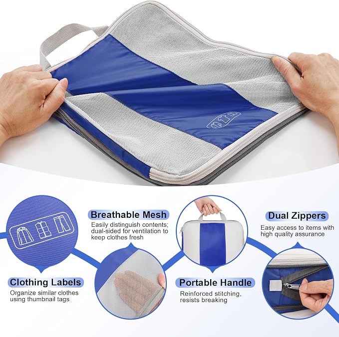 OlarHike 10-Pack Compression Packing Cubes for Travel Essentials,Compressible Expandable Packing Cubes for Suitcase,Luggage Garment Bags for Travel,Handy Helper for Organizing Clothes(Klein Blue)