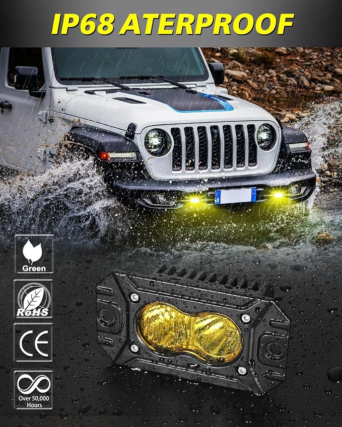 Yellow Flush Mount LED Pods 40W CREE LED Flush Bumper Fog Lights | Spot Flood Combo Offroad Driving Lights Yellow Flush Mount LED Chase Light Pods for Trucks Pickup SUV UTV ATV