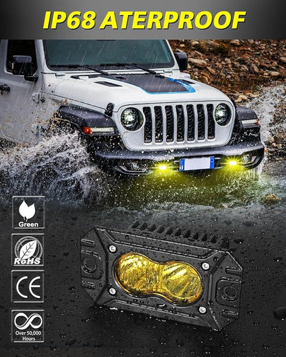 Yellow Flush Mount LED Pods 40W CREE LED Flush Bumper Fog Lights | Spot Flood Combo Offroad Driving Lights Yellow Flush Mount LED Chase Light Pods for Trucks Pickup SUV UTV ATV