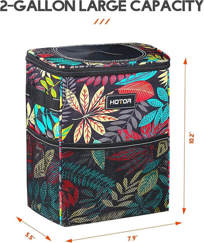 HOTOR Car Trash Can with Lid and Storage Pockets - 100% Leak-Proof Organizer, Waterproof Garbage Can, Multipurpose Trash Bin for Car, 2 Gallons, Autumn Leaves