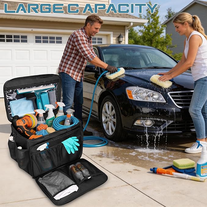 Large Car Detailing Organizer with Hard Pad Support, Car Detailing Bag with Multiple Pockets, Cleaning Bags for Housekeepers, Cleaning Supply Bag, Black
