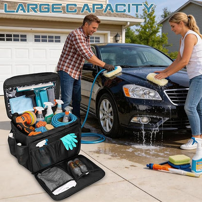 Large Car Detailing Organizer with Hard Pad Support, Car Detailing Bag with Multiple Pockets, Cleaning Bags for Housekeepers, Cleaning Supply Bag, Black