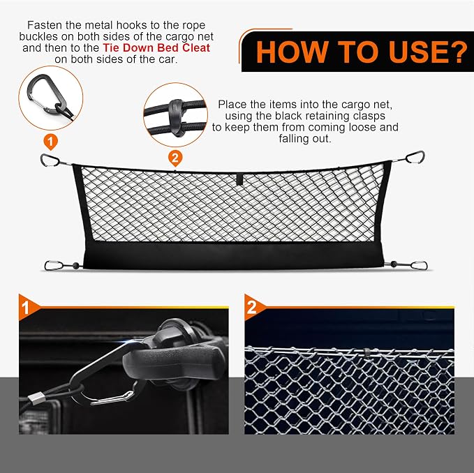 Truck Bed Cargo Net for Dodge Ram 1500 2019-2024 2025, Envelope Style Pickup Cargo Net with Storage Bag, Heavy Duty Elastic Mesh Organizer with Carabiners, Secures Groceries & Gear
