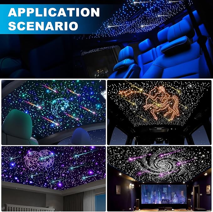 Car Starlight Headliner Kit, 4 Colors 32W Twinkle & Meteor Fiber Optic Shooting Stars Lights, 2 in 1 Light Engine 600pcs*0.03in*13.1ft+240 RGBW 4 Port Ceiling Starlights for Car Home Roof Décor