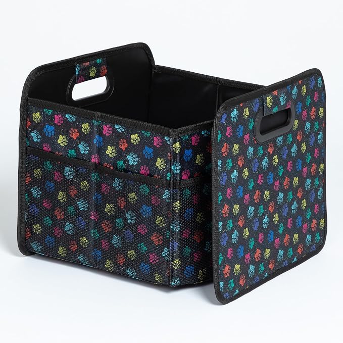 GreaterGood Paws Car Trunk Organizer Foldable Storage Bin with Handles Non Slip Base Pet Gear Travel Tote for SUV Truck (Confetti Paws)