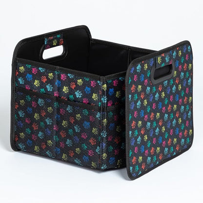 GreaterGood Paws Car Trunk Organizer Foldable Storage Bin with Handles Non Slip Base Pet Gear Travel Tote for SUV Truck (Confetti Paws)