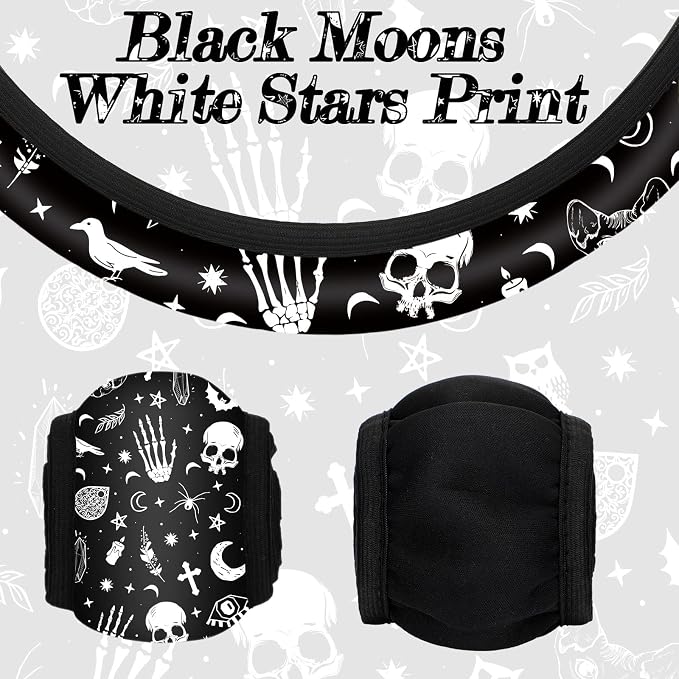 4 Pieces Black Moons White Stars Print Car Accessories Set Black Moons White Stars Steering Wheel Cover with 2 Pieces Car Cup Holder and Leather Keyring for Truck SUV(Horror Pattern)