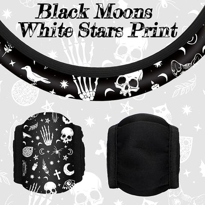 4 Pieces Black Moons White Stars Print Car Accessories Set Black Moons White Stars Steering Wheel Cover with 2 Pieces Car Cup Holder and Leather Keyring for Truck SUV(Horror Pattern)