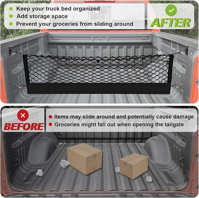 Muslogy Truck Bed Cargo Net Trunk Netting Compatible with 2015-2022 Chevy Colorado & GMC Canyon Accessories, Pickup Cargo Organizer SUV Sedan Storage Net w/Heavy Duty Carabiners