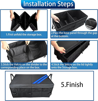 YOSRTER Car Trunk Organizer for Dodge Charger Durango Challenger Ram Collapsible Storage Box with Handle Foldable Lid Non Slip Bottom 2 Compartment Sturdy Base Panel Blue Trim