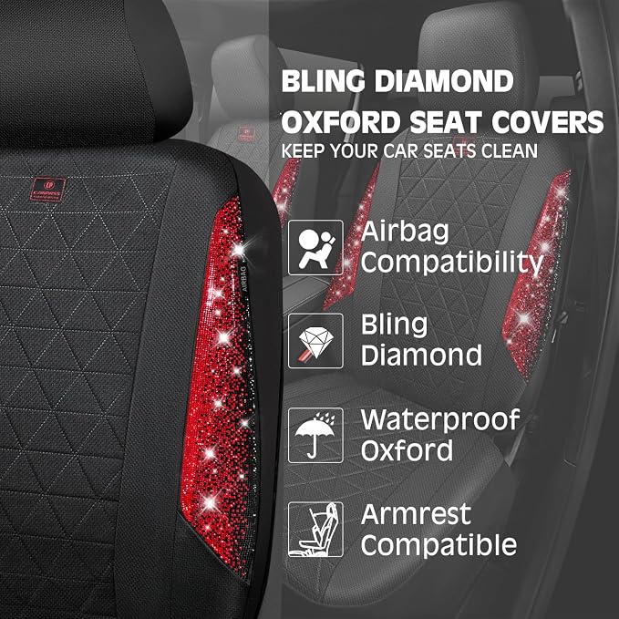 CAR PASS Oxford Bling Diamond Car Seat Covers Full Set Interior Sets, Waterproof Shining Glitter Sparkly Crystal Universal Armrest Fit 95% Automotive Truck SUV Cute Women Girl, Black Red Rhinestone
