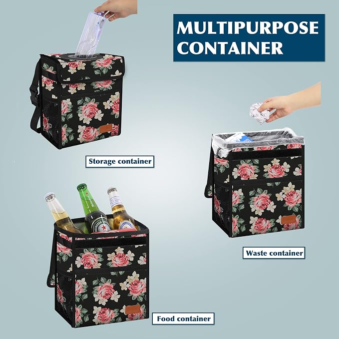 Femuar Car Trash Can Leak Proof Car Trash Bag Waterproof Car Garbage Can with Lid for SUV Front Seat Multipurpose Car Hanging for Headrest Collapsible and Portable with Storage Mesh Pocket, Flower