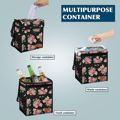 Femuar Car Trash Can Leak Proof Car Trash Bag Waterproof Car Garbage Can with Lid for SUV Front Seat Multipurpose Car Hanging for Headrest Collapsible and Portable with Storage Mesh Pocket, Flower
