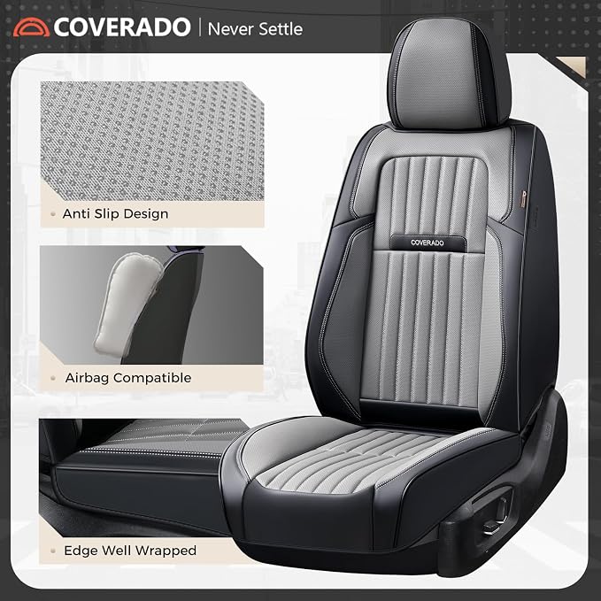 Coverado Car Seat Covers Front Seats, Seat Covers for Cars, Car Seat Protector, 2-Pack Car Seat Cushion Nappa Leather, Waterproof Seat Covers Carseat Cover Universal Fit for Most Cars(Black&Gray)