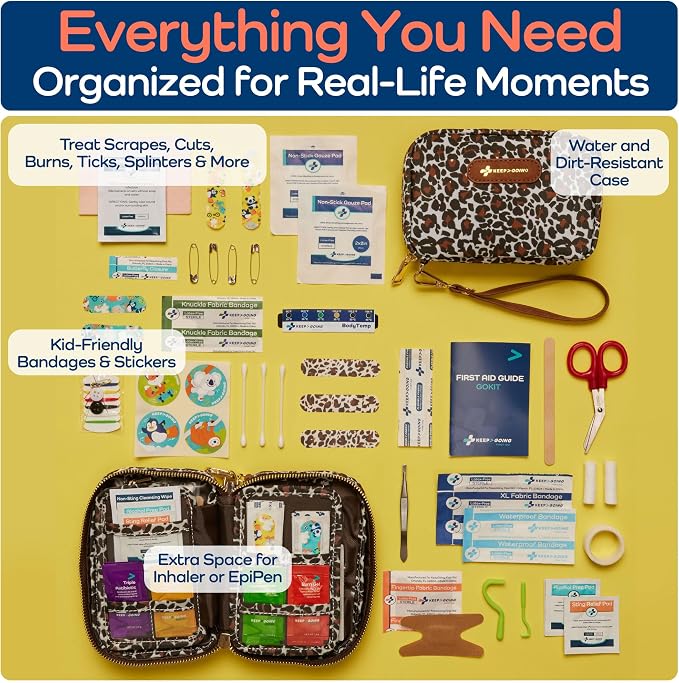 Keep Going Travel First Aid Kit for Kids – 130 Pc.for Purse, Diaper Bag, Backpack, & Suitcase, with Latex-Free Bandages – 7 x 5 x 2 in. Travel First Aid Kit TSA-Approved