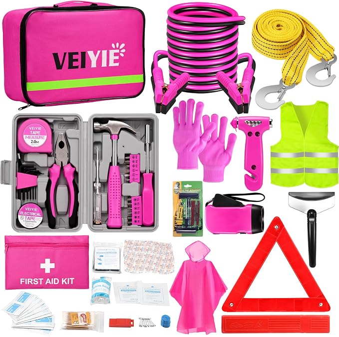 VEIVIE 23Pcs Roadside Emergency Car Kit for Vehicles, Car First Aid Kit Emergency Kit with Jumper Cables,Car Safety Kits, Tow Strap, Tool Kit, Road Trip Assistance for Men, Women, New Driver Gifts