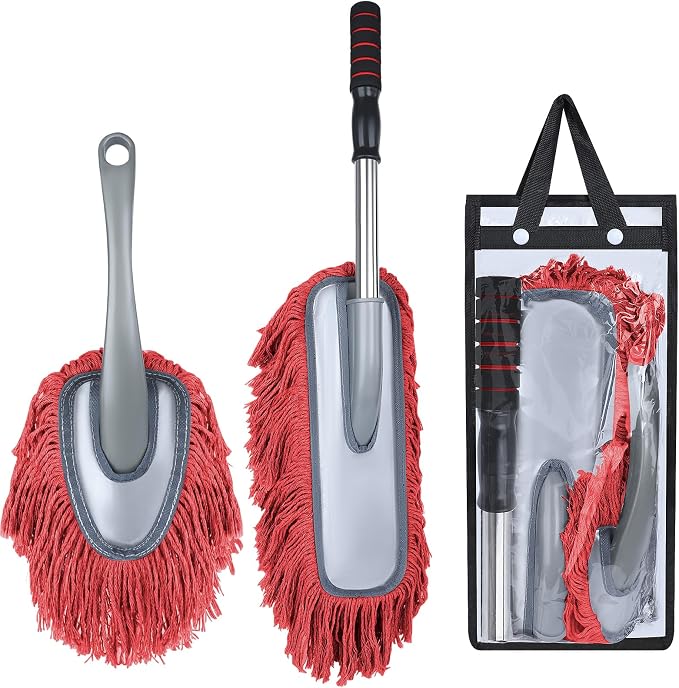 IPELY 2 Pack Large Car Duster Exterior Scratch Free with Extendable Handle and Car Duster Interior, Wax Cotton Hair Dusters (Red)
