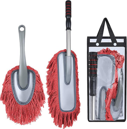 IPELY 2 Pack Large Car Duster Exterior Scratch Free with Extendable Handle and Car Duster Interior, Wax Cotton Hair Dusters (Red)