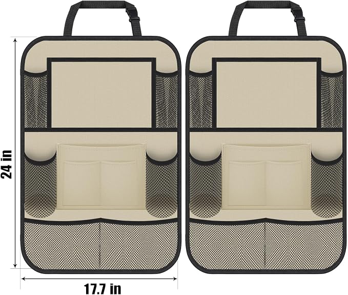 ULEEKA Car Backseat Organizer with 11" Table Holder, 10 Storage Pockets Seat Back Protectors Kick Mats for Kids Toddlers, Travel Accessories, 2 Pack, Beige
