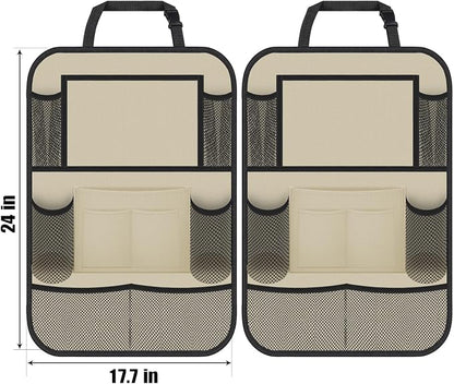 ULEEKA Car Backseat Organizer with 11" Table Holder, 10 Storage Pockets Seat Back Protectors Kick Mats for Kids Toddlers, Travel Accessories, 2 Pack, Beige