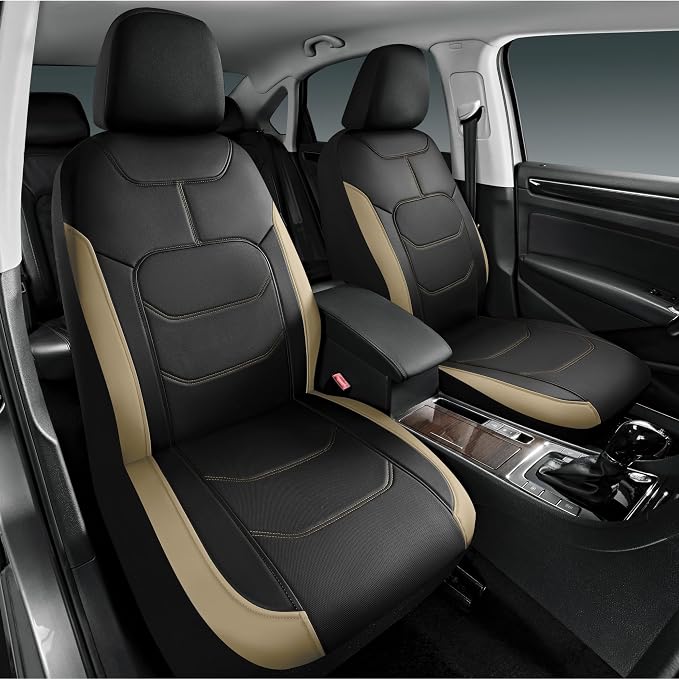 Road Comforts Seat Covers, Premium Leather Car Seat Covers Full Set,Airbag Compatible, Automotive Seat Covers Universal Fit Most Cars,Vans,Truck,SUV, Beige