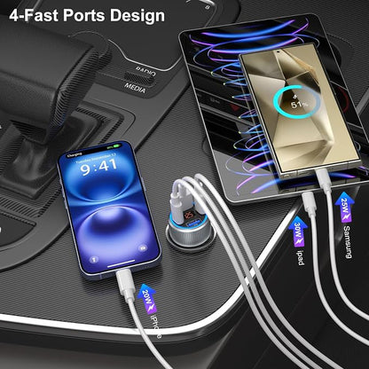 Car Charger USB C, 65W Multi Port Dual 12V Cigarette Lighter USB Car Charger Adapter with Voltage Display PD/QC 3.0 Super Fast Charge Car Phone Charger for iPhone 17 16 15 14 13 12 Pro Max Plus(Gray)