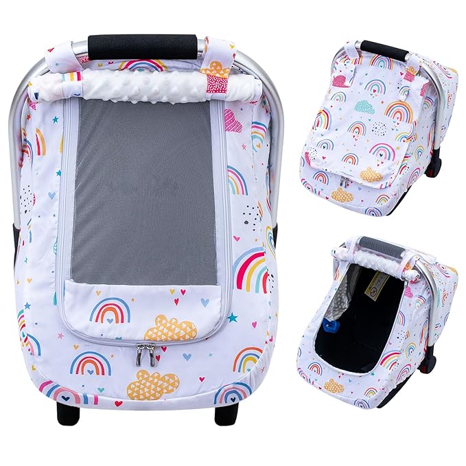 Car Seat Cover Baby Girls, Infant Car Seat Cover for Outdoor, Breathable Carseat Cover with Privacy Sun Shade & Mesh Window for Summer, Easy Access Baby Carrier Cover Fit Baby Stroller