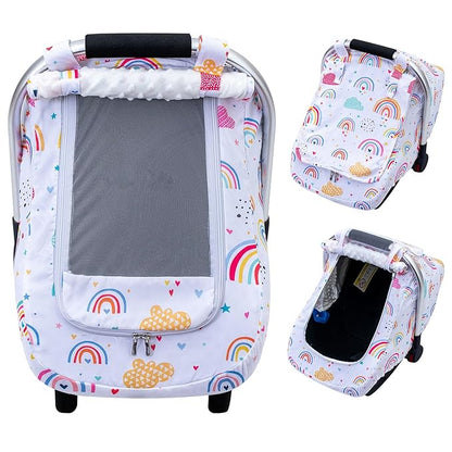 Car Seat Cover Baby Girls, Infant Car Seat Cover for Outdoor, Breathable Carseat Cover with Privacy Sun Shade & Mesh Window for Summer, Easy Access Baby Carrier Cover Fit Baby Stroller