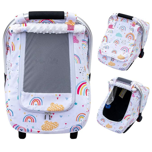 Car Seat Cover Baby Girls, Infant Car Seat Cover for Outdoor, Breathable Carseat Cover with Privacy Sun Shade & Mesh Window for Summer, Easy Access Baby Carrier Cover Fit Baby Stroller
