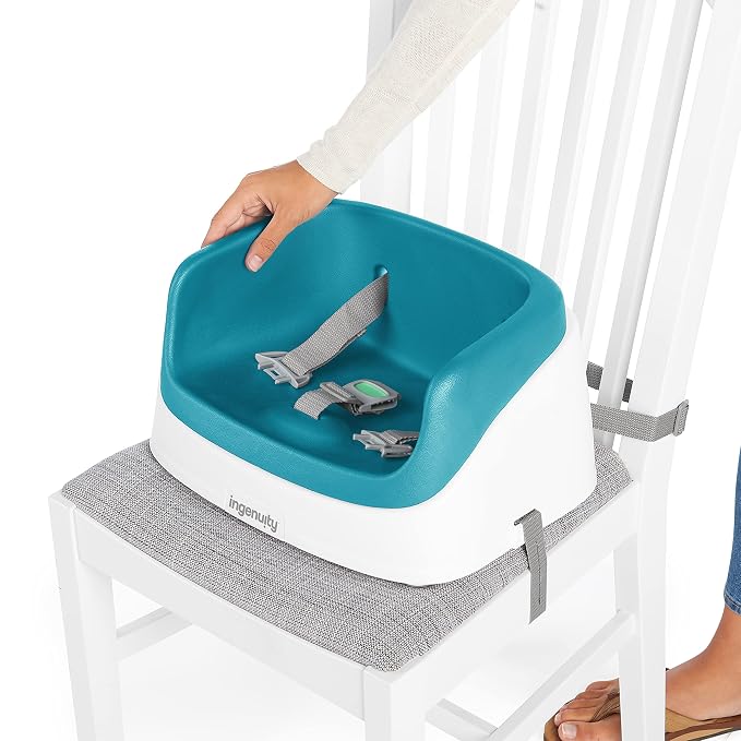 Ingenuity SmartClean Toddler Booster Seat for Dining Table with 3-Point Harness Straps, Peacock Blue