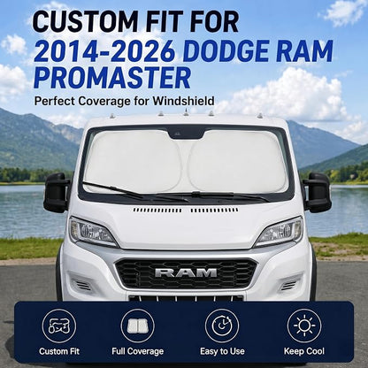 Custom Fit Windshield Sun Shade for Dodge RAM ProMaster 2014-2026 | Custom Fit Windshield Cover, Blocks UV Rays, Double-Layer Heat Shield, Durable Frame, Easy Fold & Storage